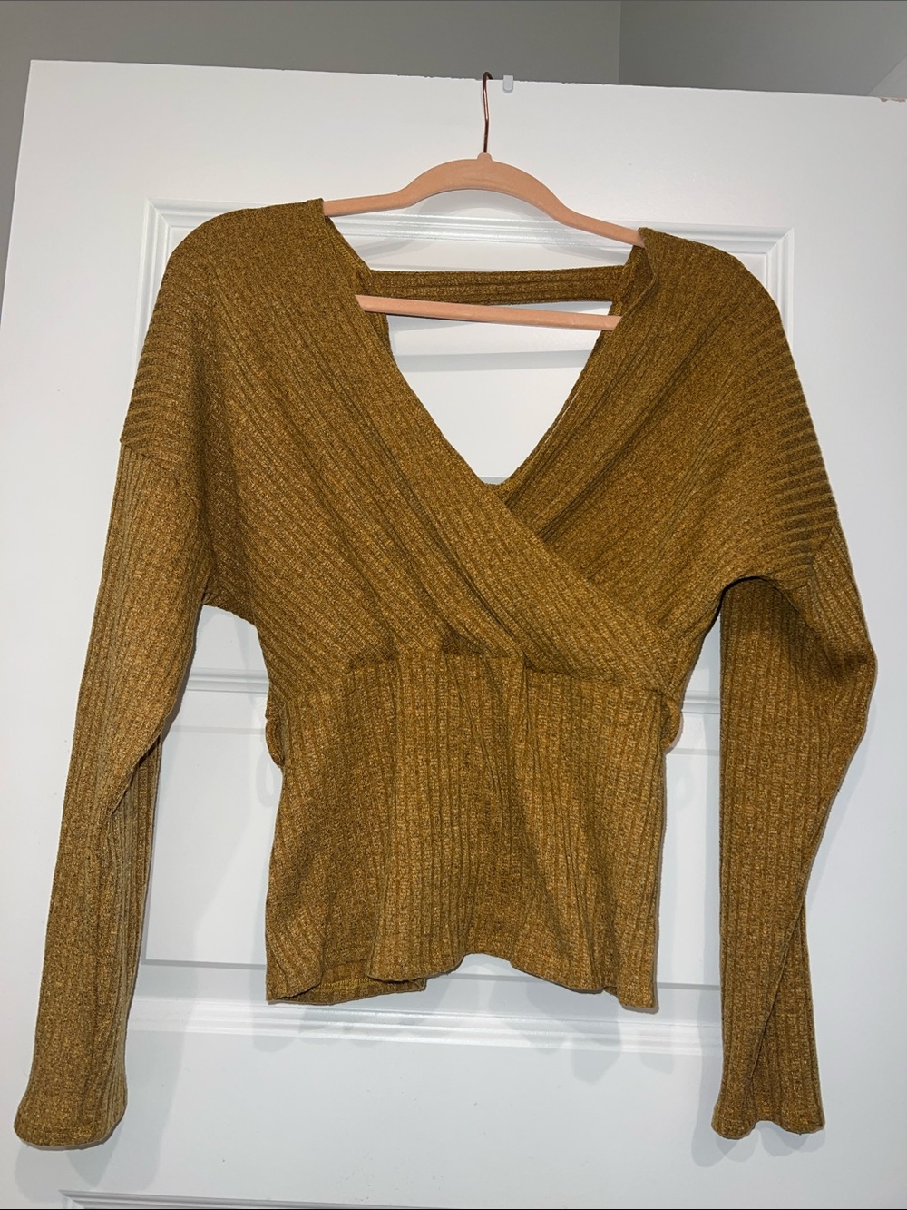 Ribbed Crossover Sweater Top - Mustard
